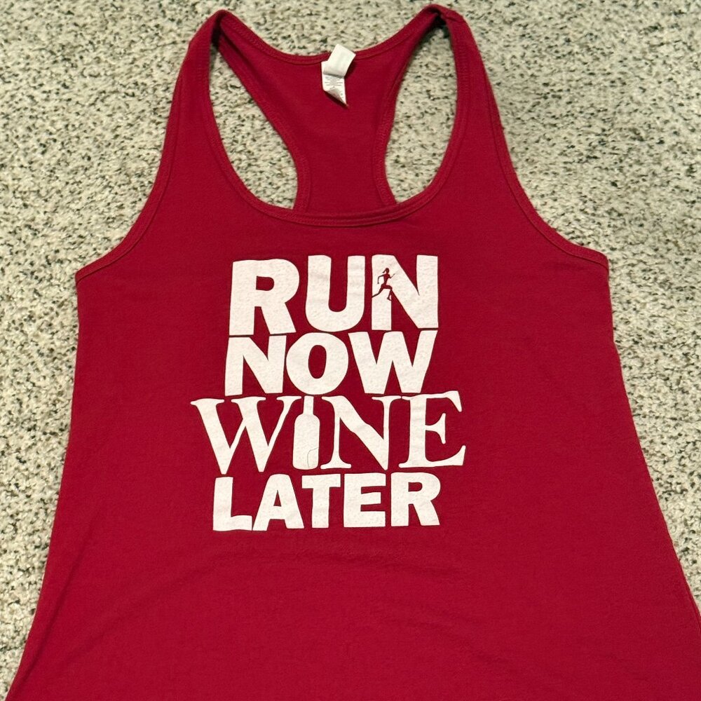 Ideal T | "Run Now Wine Later" Racerback Tank Top | Deep Red | Size: M